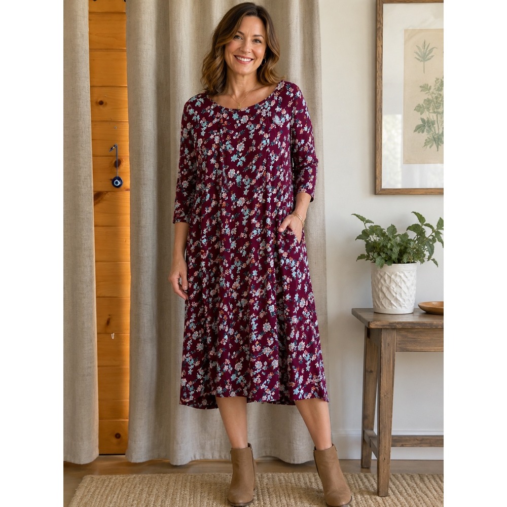 Vermont‎ Country Store Plum Floral A-Line Midi Dress 3/4 Sleeve Pockets Womens